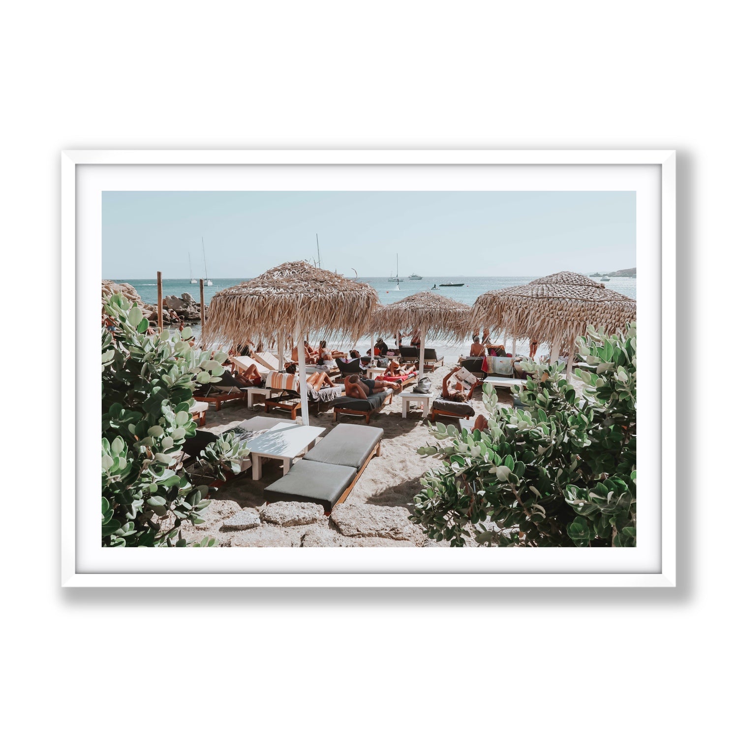 Greek Haven Mykonos Greek island coastal wall art Gallery fine art print in white frame with matboard