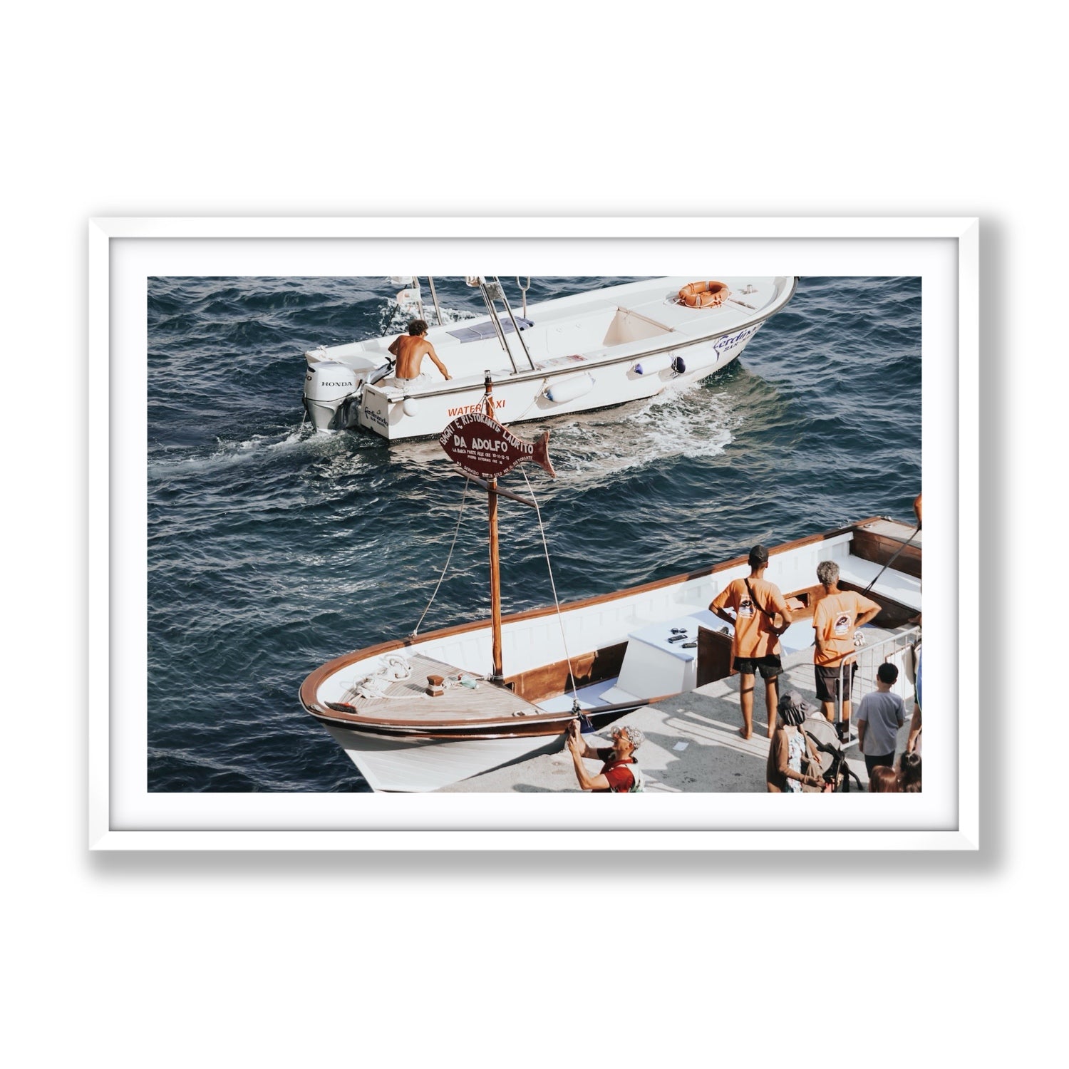 Water Taxi Positano wall art Gallery fine art print in white frame with matboard