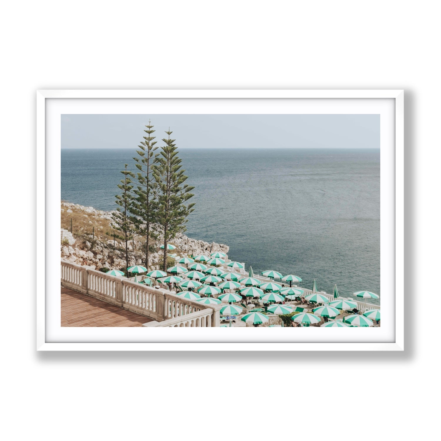 Azure Horizon Puglia beach coastal wall art Gallery fine art print in white frame with matboard