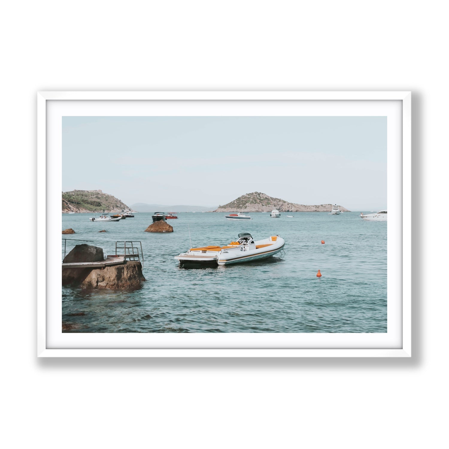 The Azure Sea Tuscany coastal Italian wall art Gallery fine art print in white frame with matboard