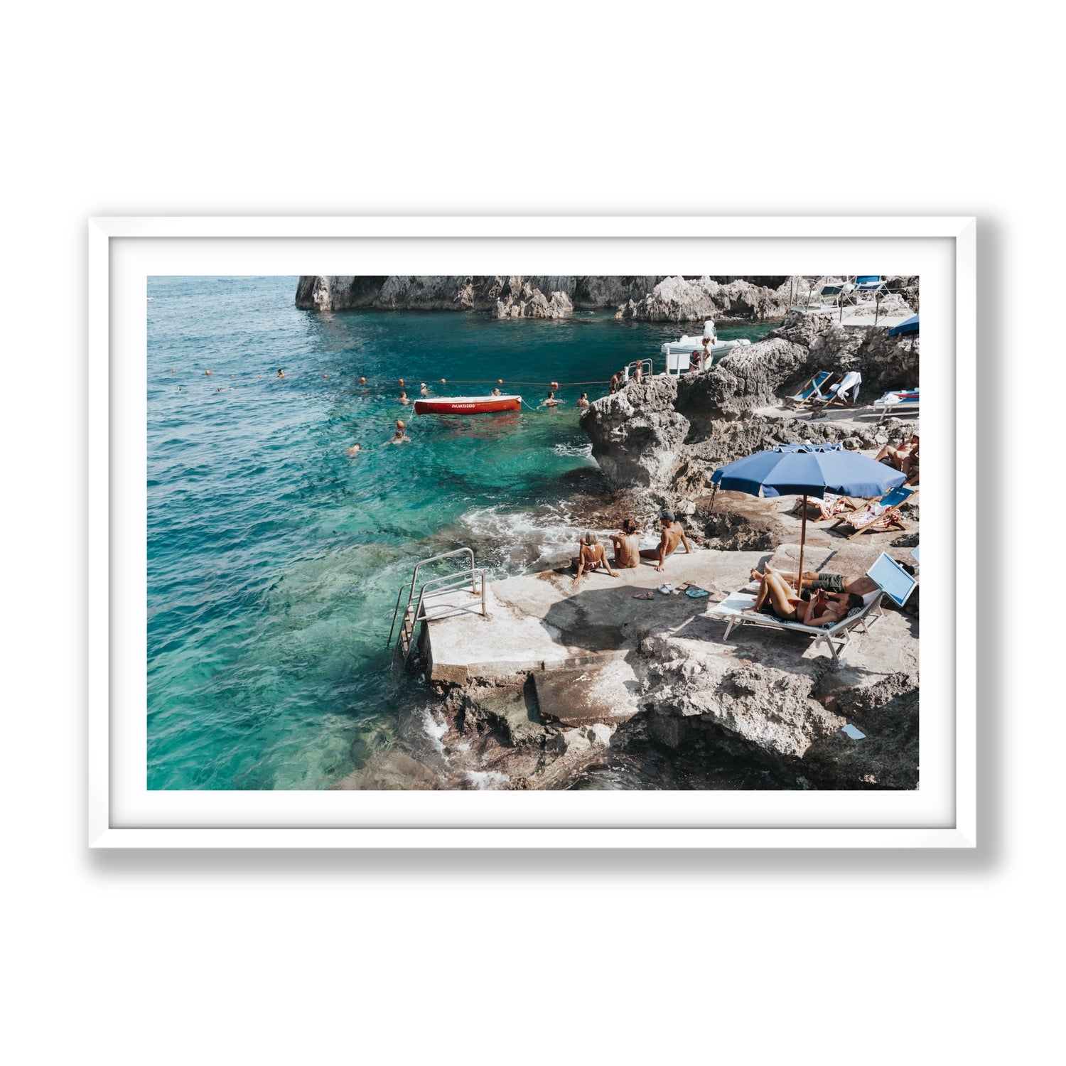 Serenity By The Sea Capri Mediterranean wall art Gallery fine art print in white frame with matboard