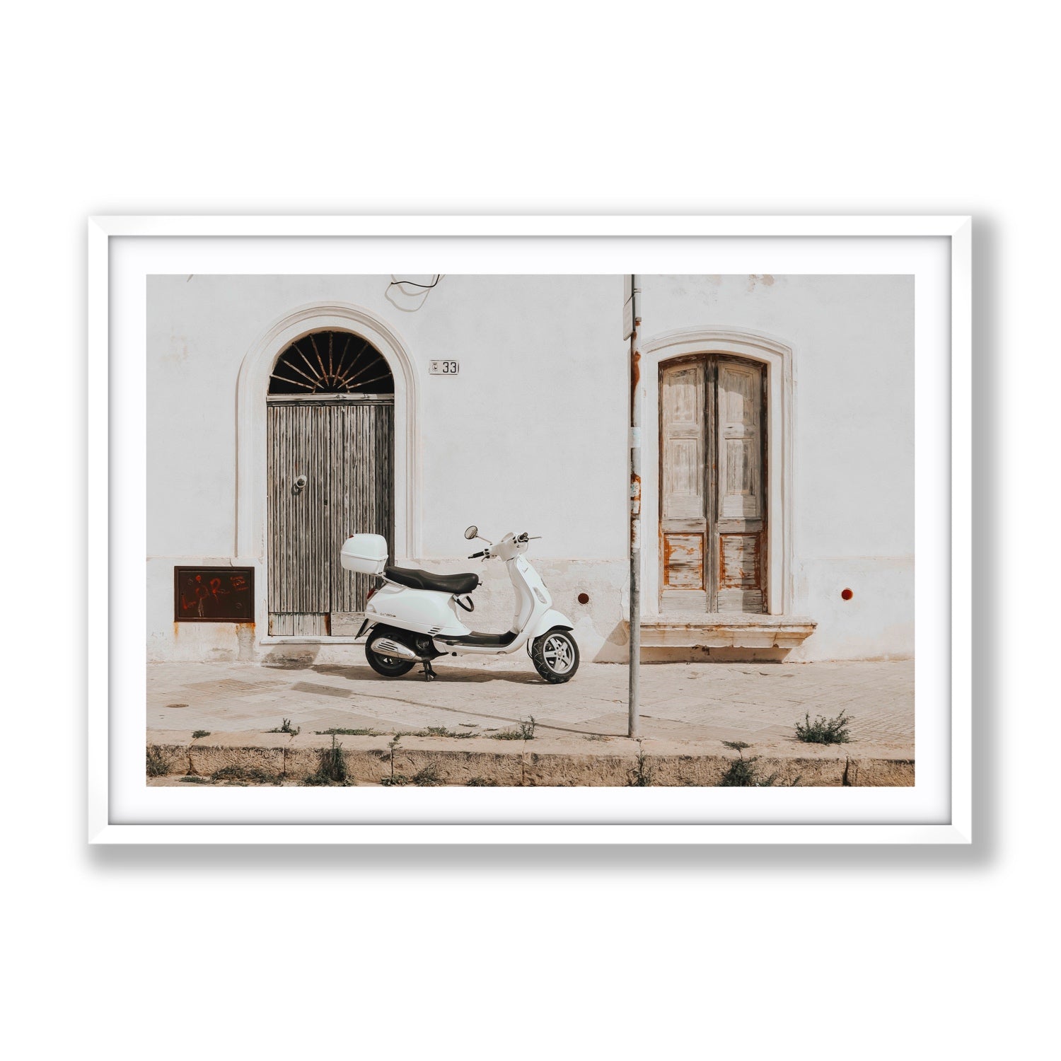 Vespa Nostalgia Puglia Italian wall art Gallery fine art print in white frame with matboard