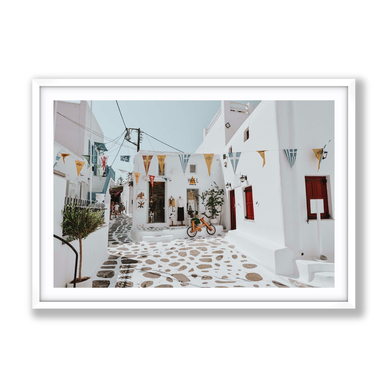Cruising The Streets Mykonos Greek island wall art Gallery fine art print in white frame with matboard
