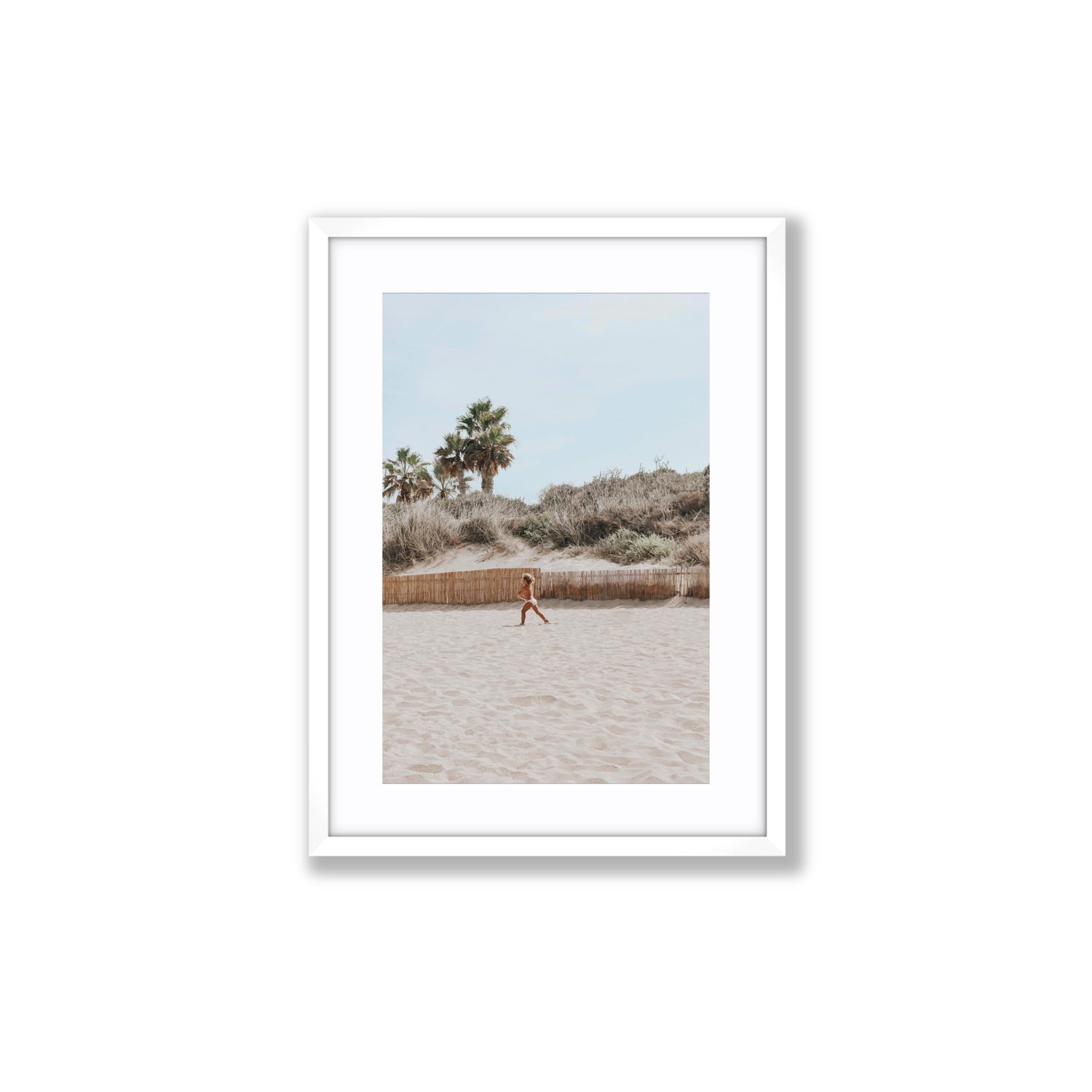 Joyful Sprint Puglia beach coastal fine art print Medium fine art print in white frame with matboard