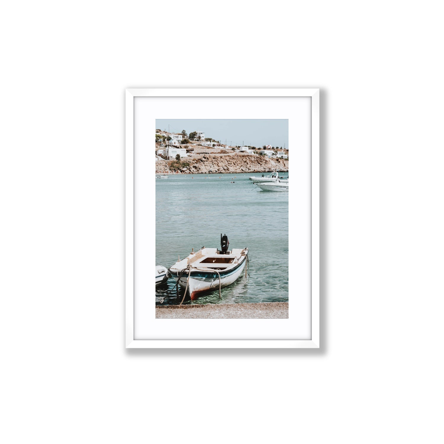 Classic Wheels Mykonos Greek island wall art Medium fine art print in white frame with matboard