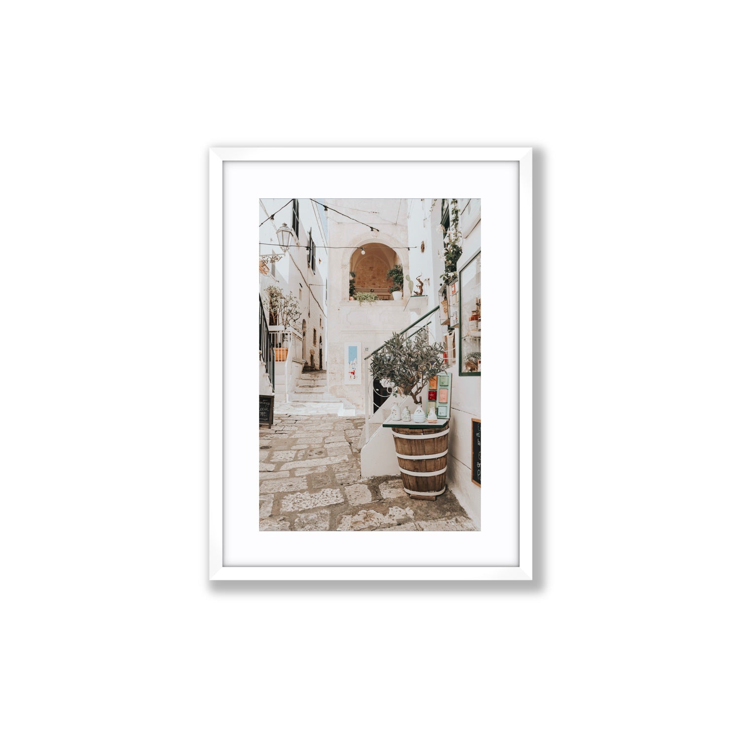 Olive Tree Lane Puglia Ostuni Mediterranean decor wall art Medium fine art print in white frame with matboard