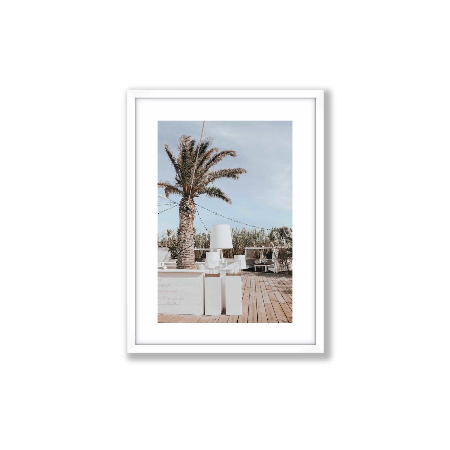 Seabreeze Palm Puglia coastal beach wall art Medium fine art print in white frame with matboard