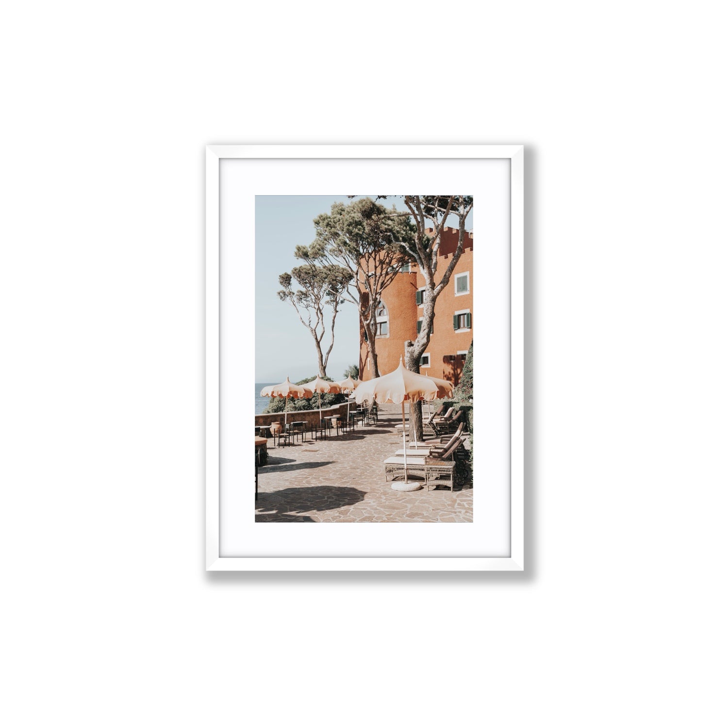 Mezzatorre Ischia Italian Mediterranean decor wall art Medium fine art print in white frame with matboard