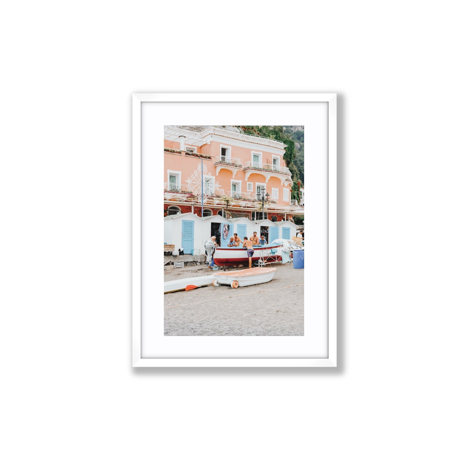 La Riunione della Mattina fine art print, Positano, Italy, Medium, White Frame · Matboard, Fine Art Print