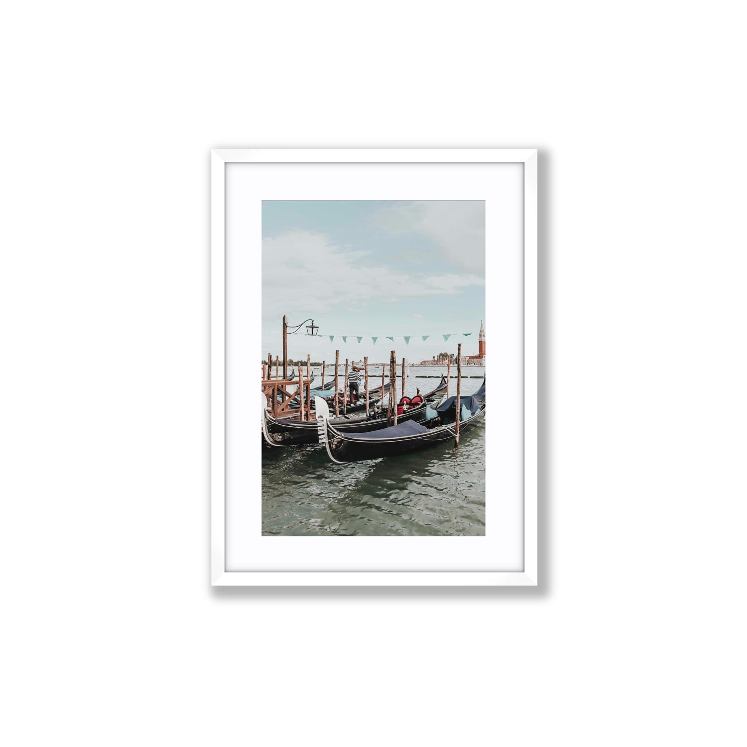 The Gondolier Venice Gondola Italian wall art Medium fine art print in white frame with matboard