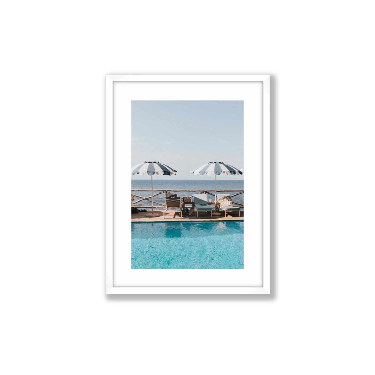 Beach Retreat fine art print, Ischia, Italy, european beach clubs artwork, Medium, White Frame · Matboard, Fine Art Print