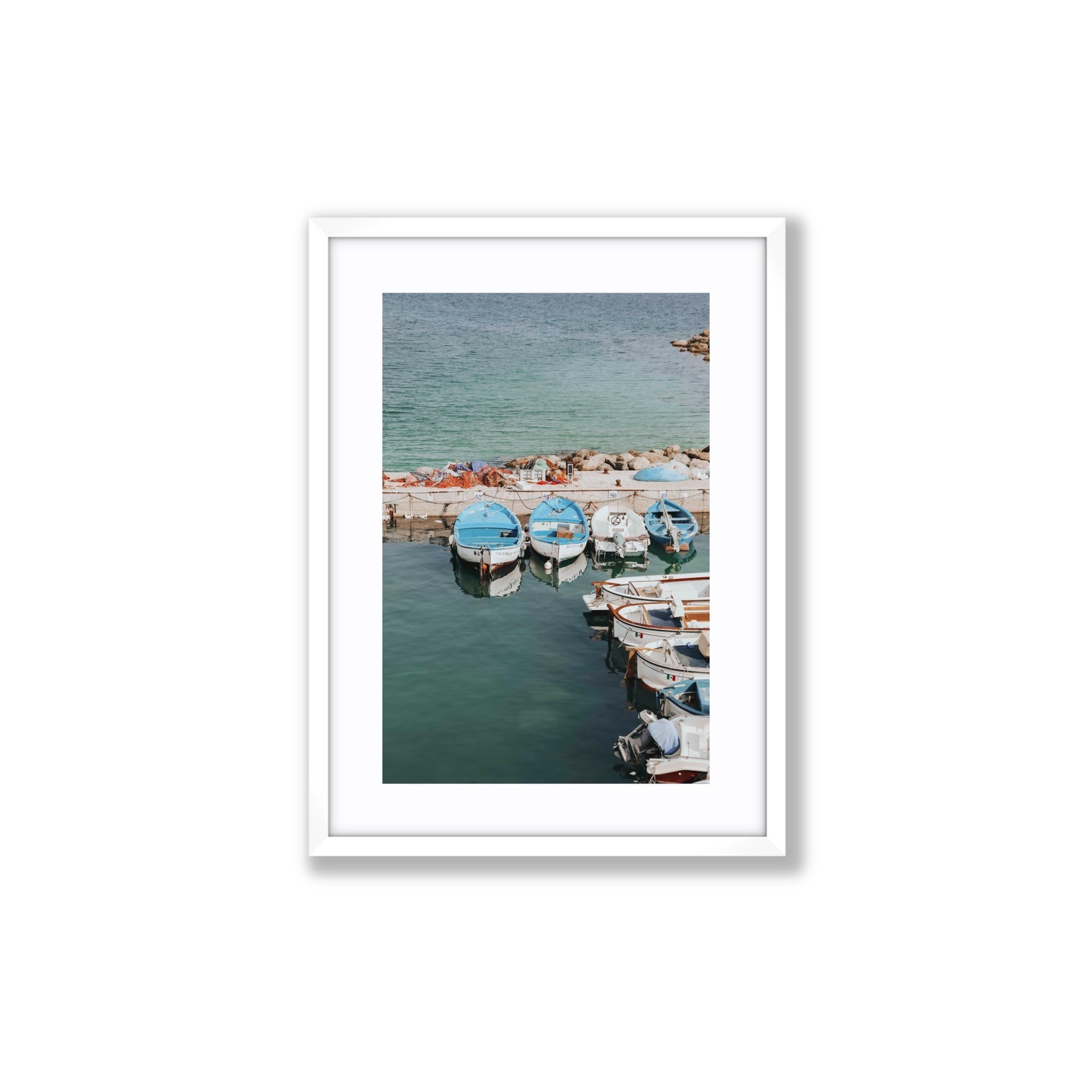 Maritime Memories Puglia Harbour Reflections coastal wall art Medium fine art print in white frame with matboard