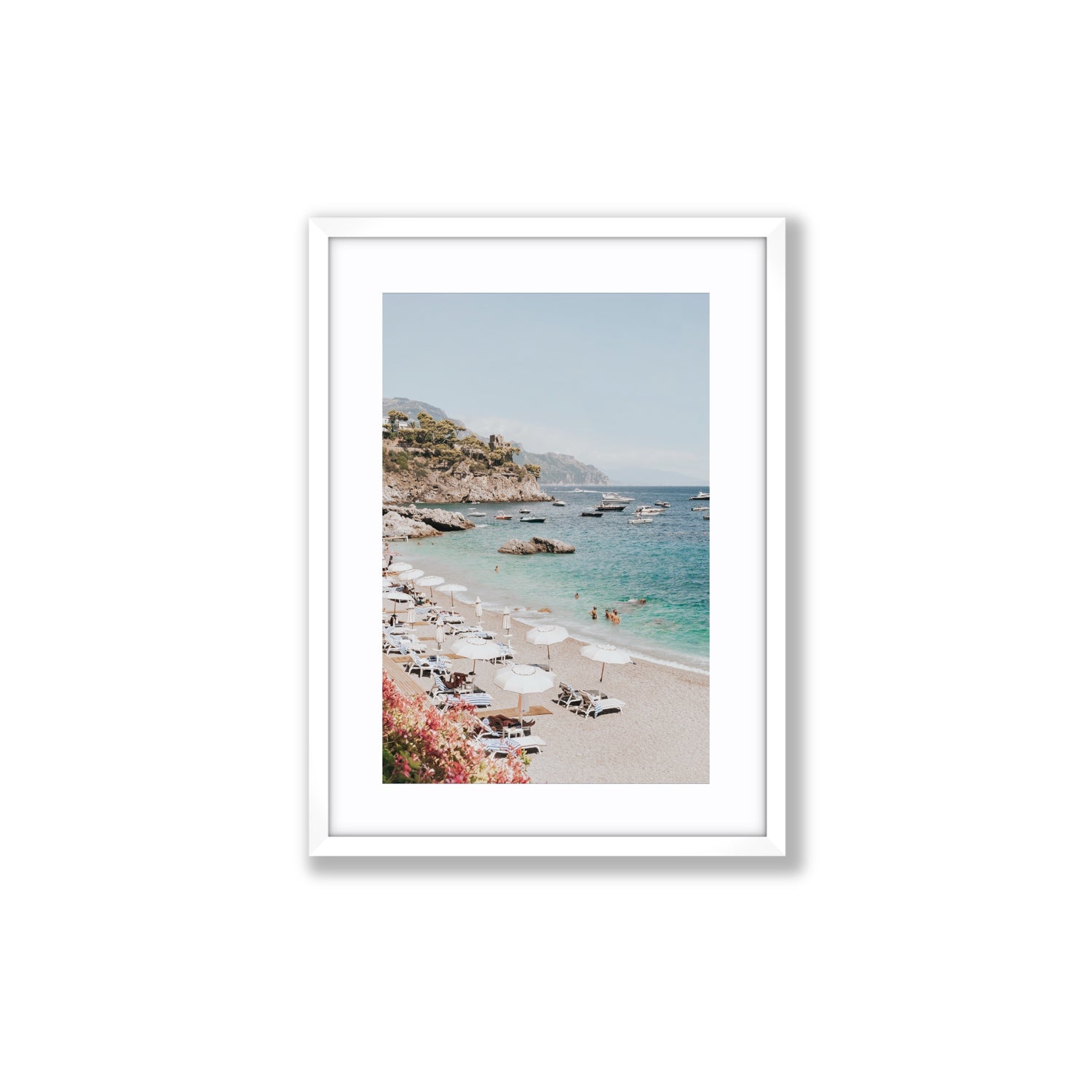Seaview Refuge Amalfi coastal wall art medium fine art print in white frame with matboard