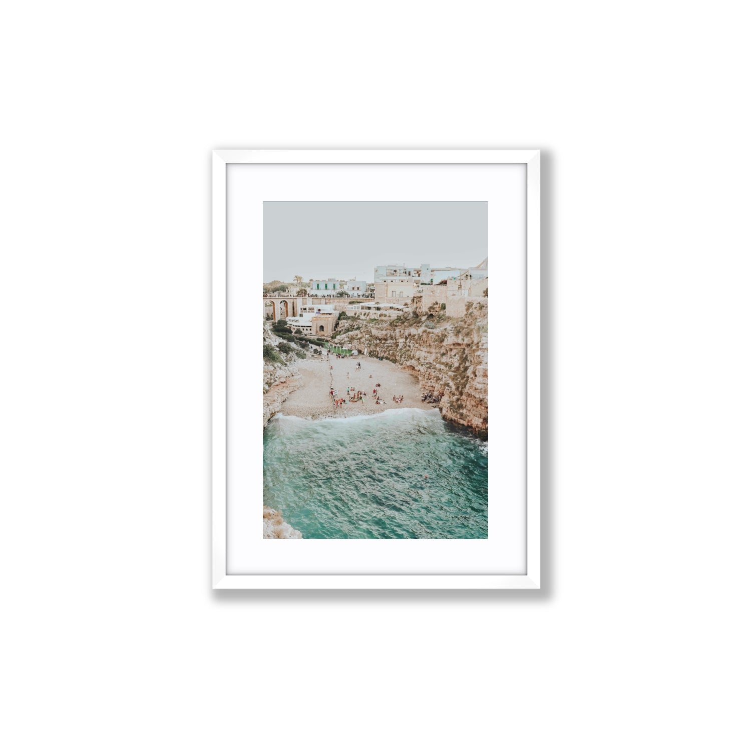 Polignano Vista Puglia coastal Italian beach fine art print Medium fine art print in white frame with matboard