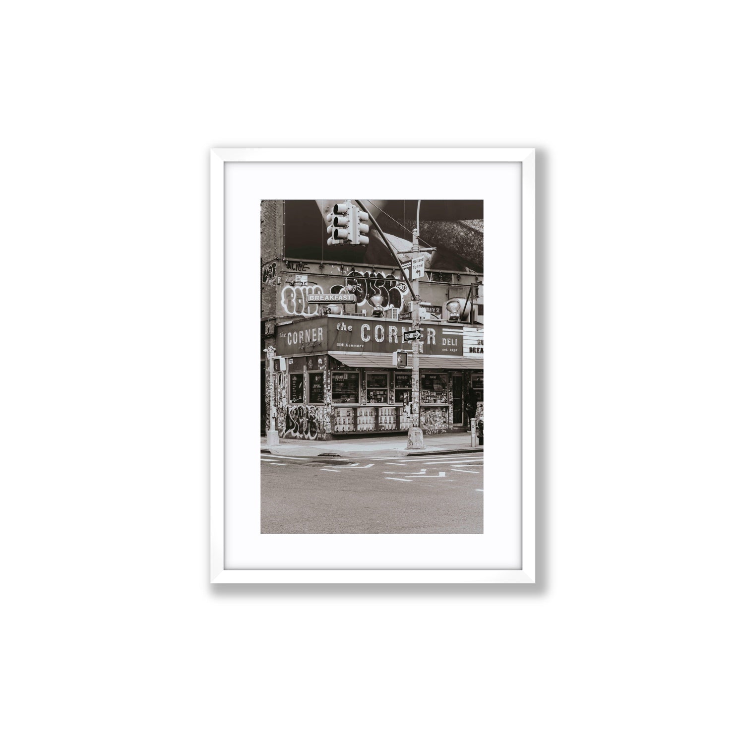 Soho Deli New York NYC Black & White wall art Medium fine art print in white frame with matboard