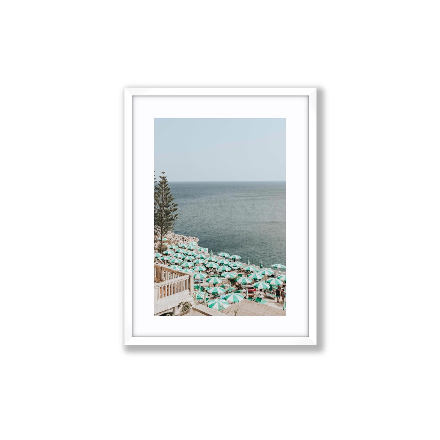 Sun-drenched Stripes Puglia beach coastal wall art Medium fine art print in white frame with matboard