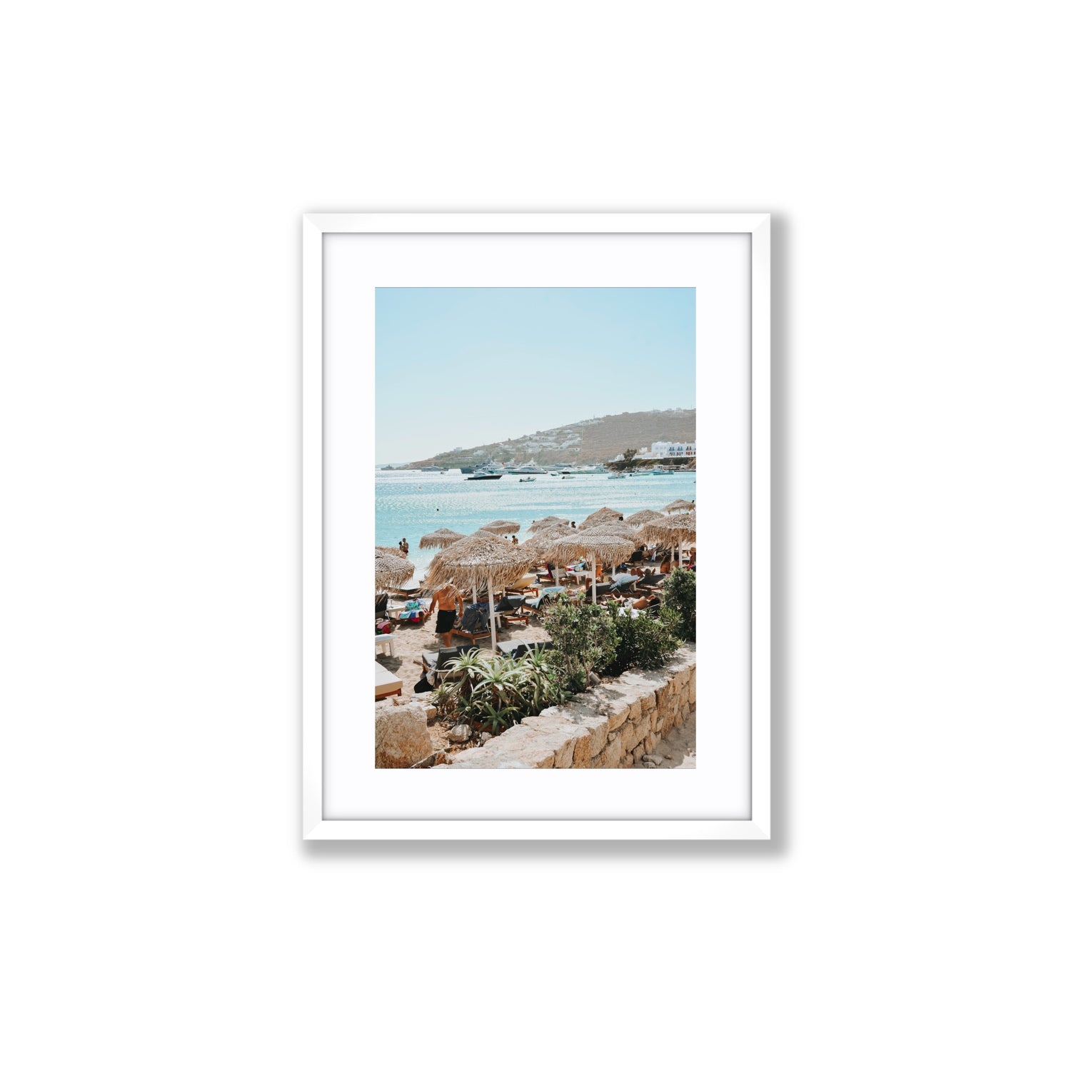 Beachside Huts Mykonos Greek island wall art Medium fine art print in white frame with matboard