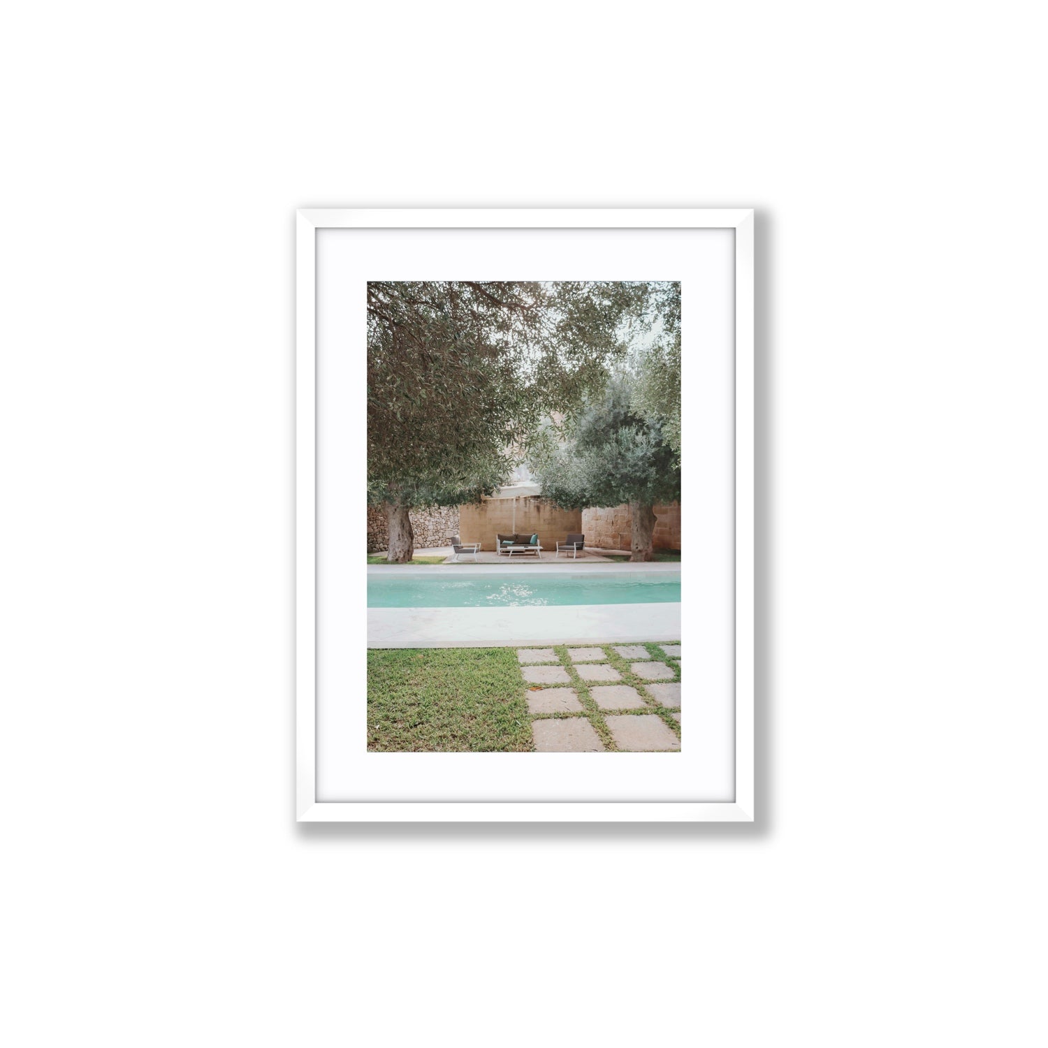 Idyllic Escape Puglia Mediterranean wall art Medium fine art print in white frame with matboard