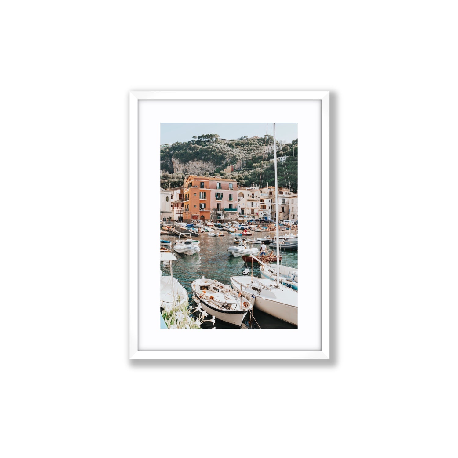 Marina Grande Sorrento coastal Italian wall art Medium fine art print in white frame with matboard