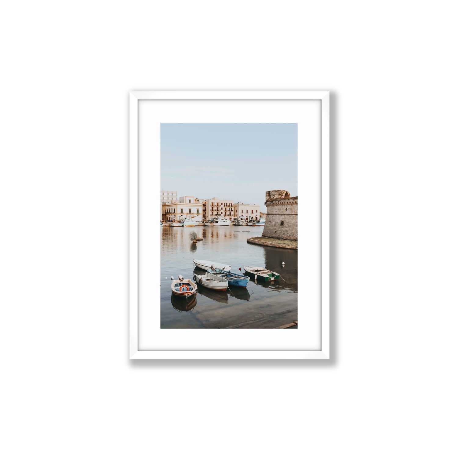 Gallipoli Harbour Puglia coastal wall art Medium fine art print in white frame with matboard