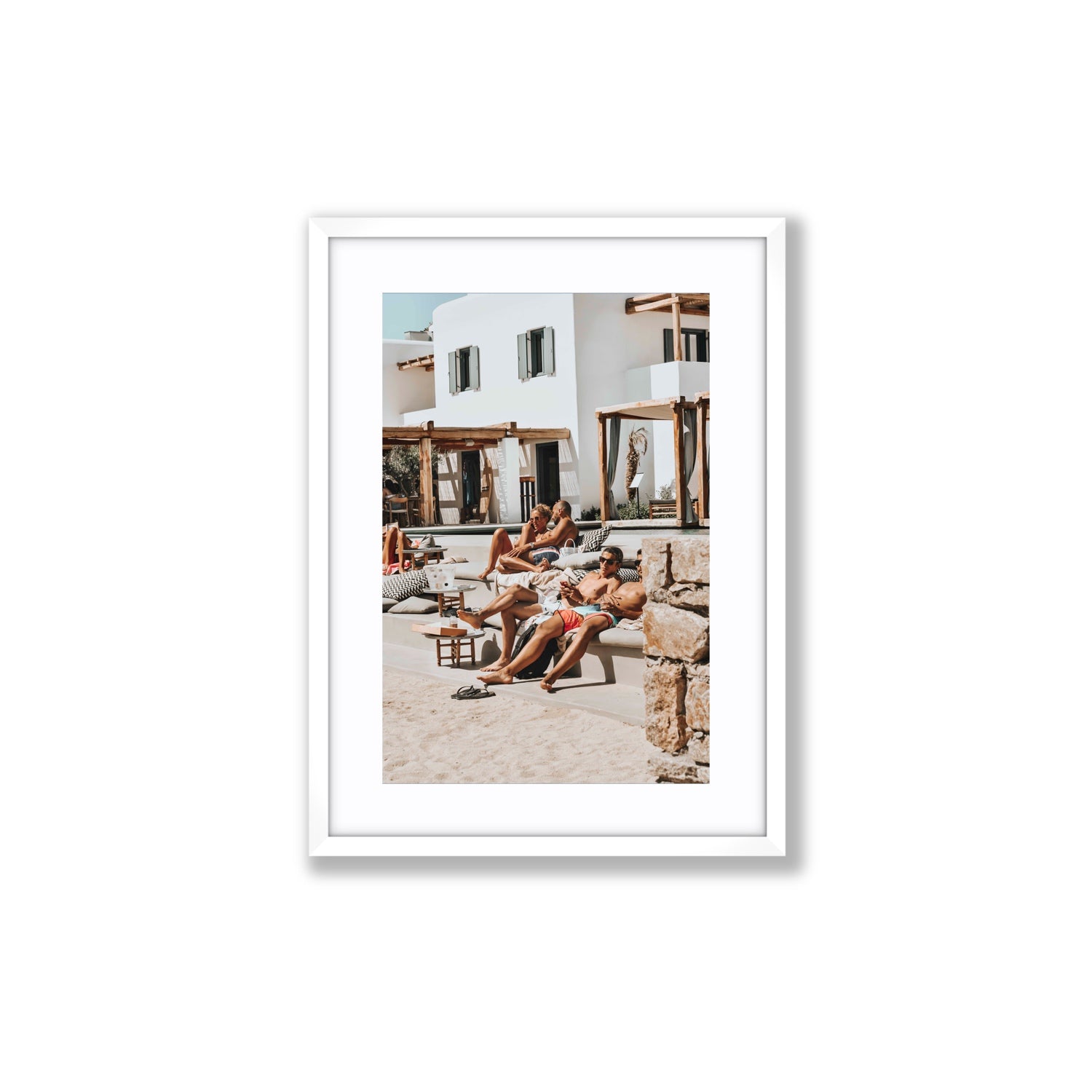 Style That Sizzles Mykonos Greek island wall art Medium fine art print in white frame with matboard
