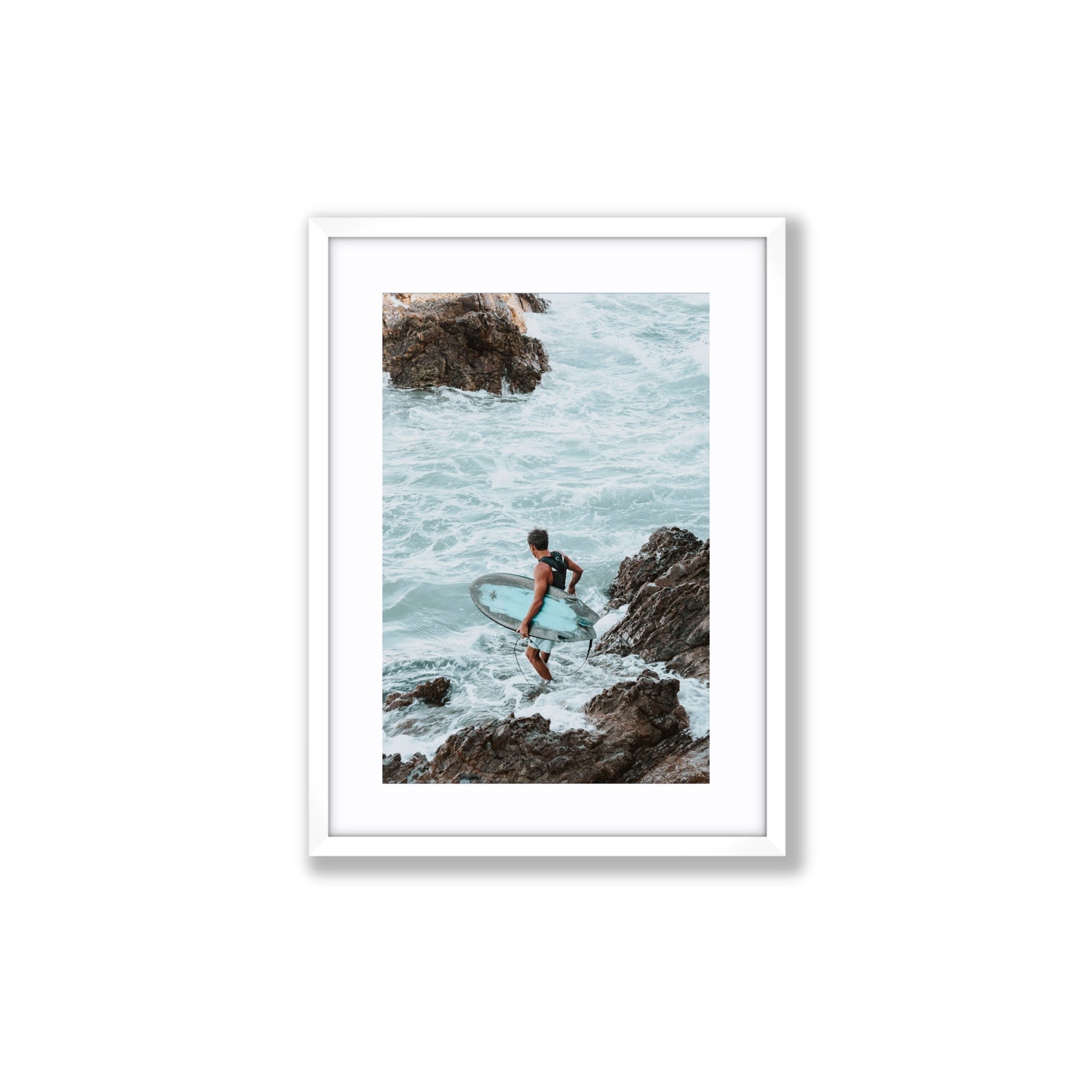 Into The Soup Byron Bay Surf coastal wall art Medium fine art print in white frame with matboard