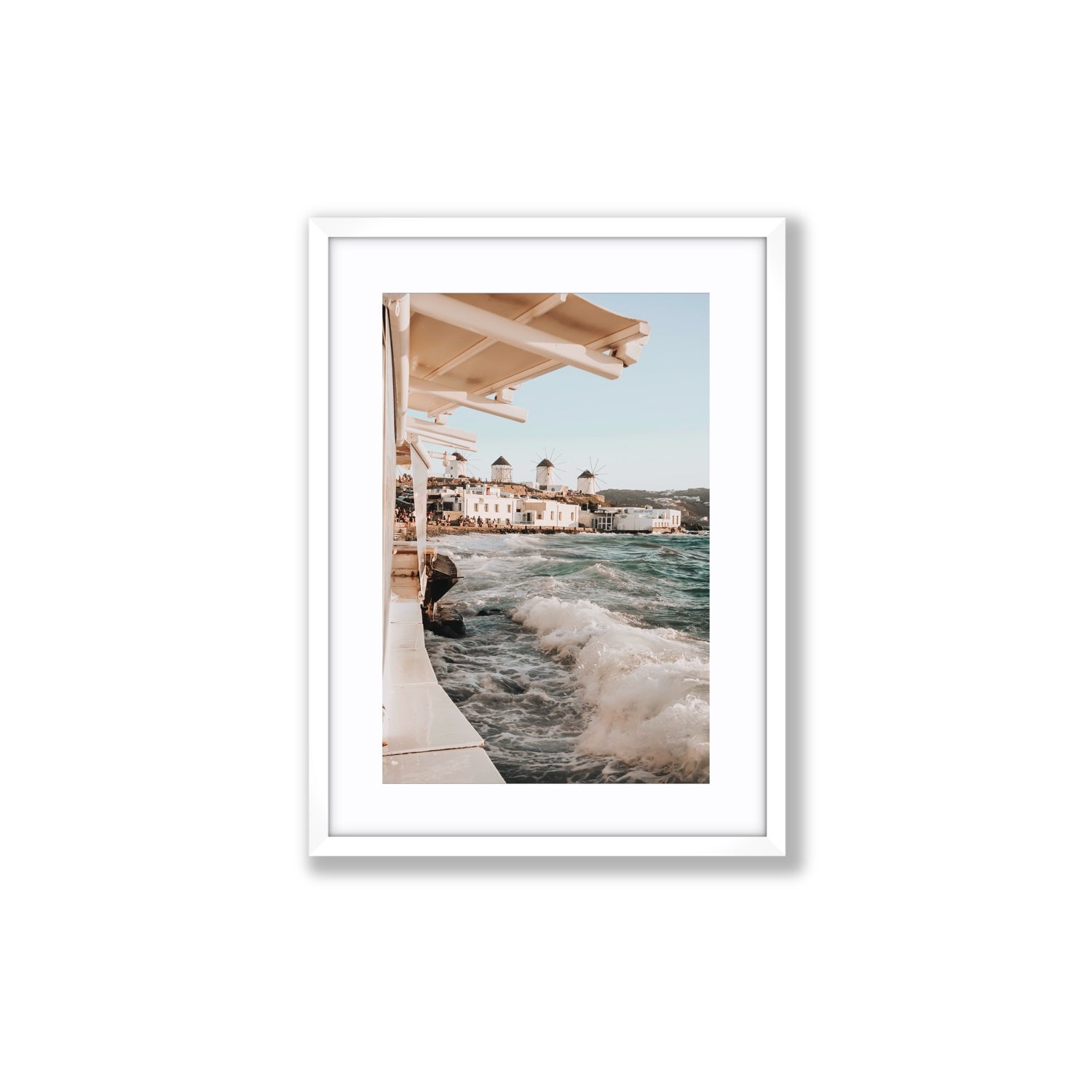 Windmills Mykonos Greek island wall art Medium fine art print in white frame with matboard