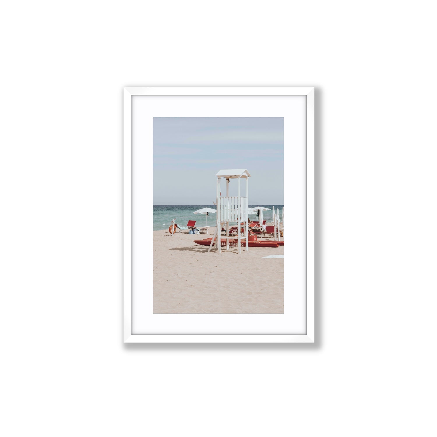 Barefoot Bliss Puglia beach Italian coastal decor wall art Medium fine art print in white frame with matboard