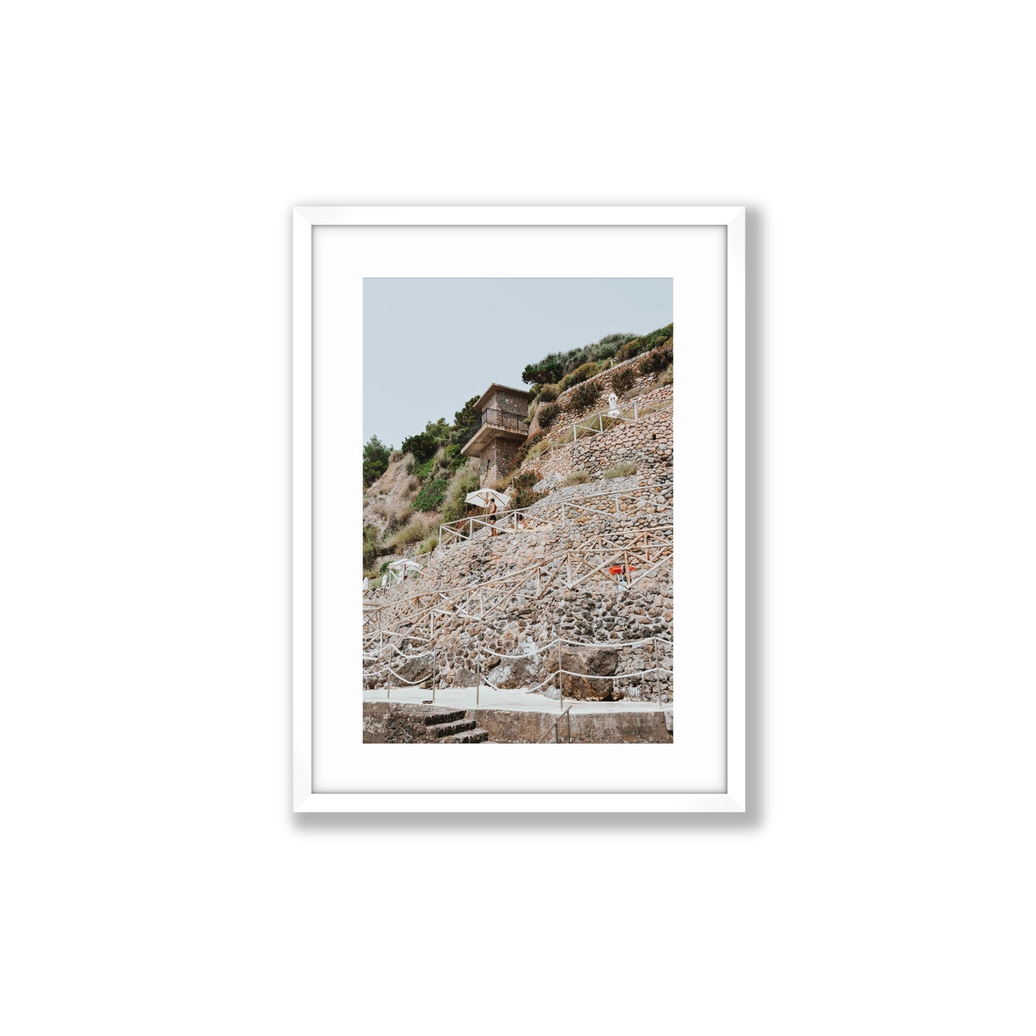 Solitude by the Sea Tuscany coastal Italian wall art Medium fine art print in white frame with matboard