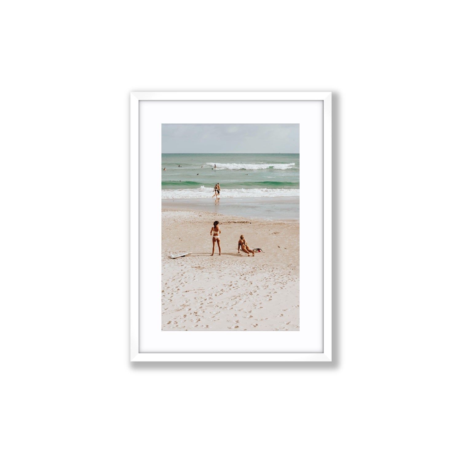 Gidget & Betty Byron Bay beach coastal wall art Medium fine art print in white frame with matboard