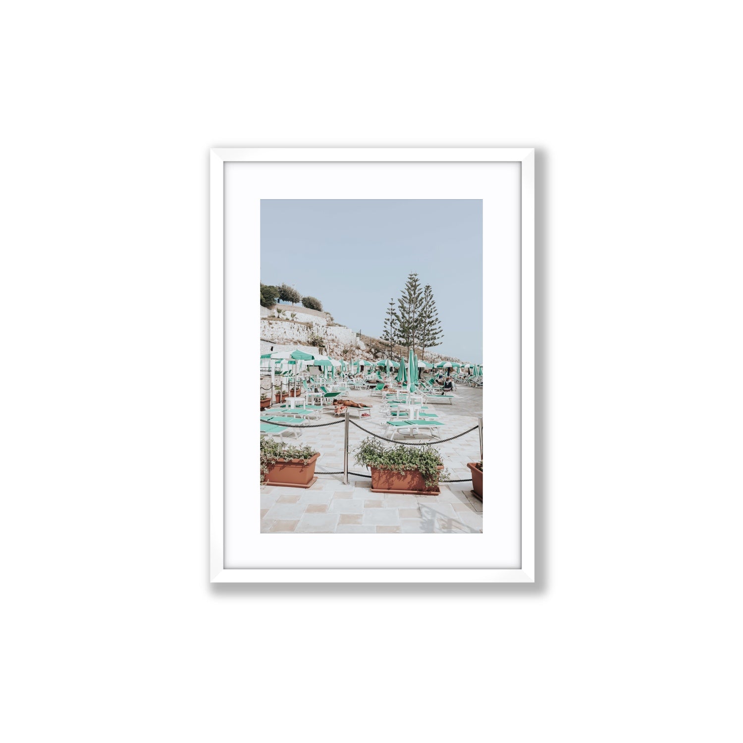Siesta on The Terrace Puglia coastal wall art Medium fine art print in white frame with matboard