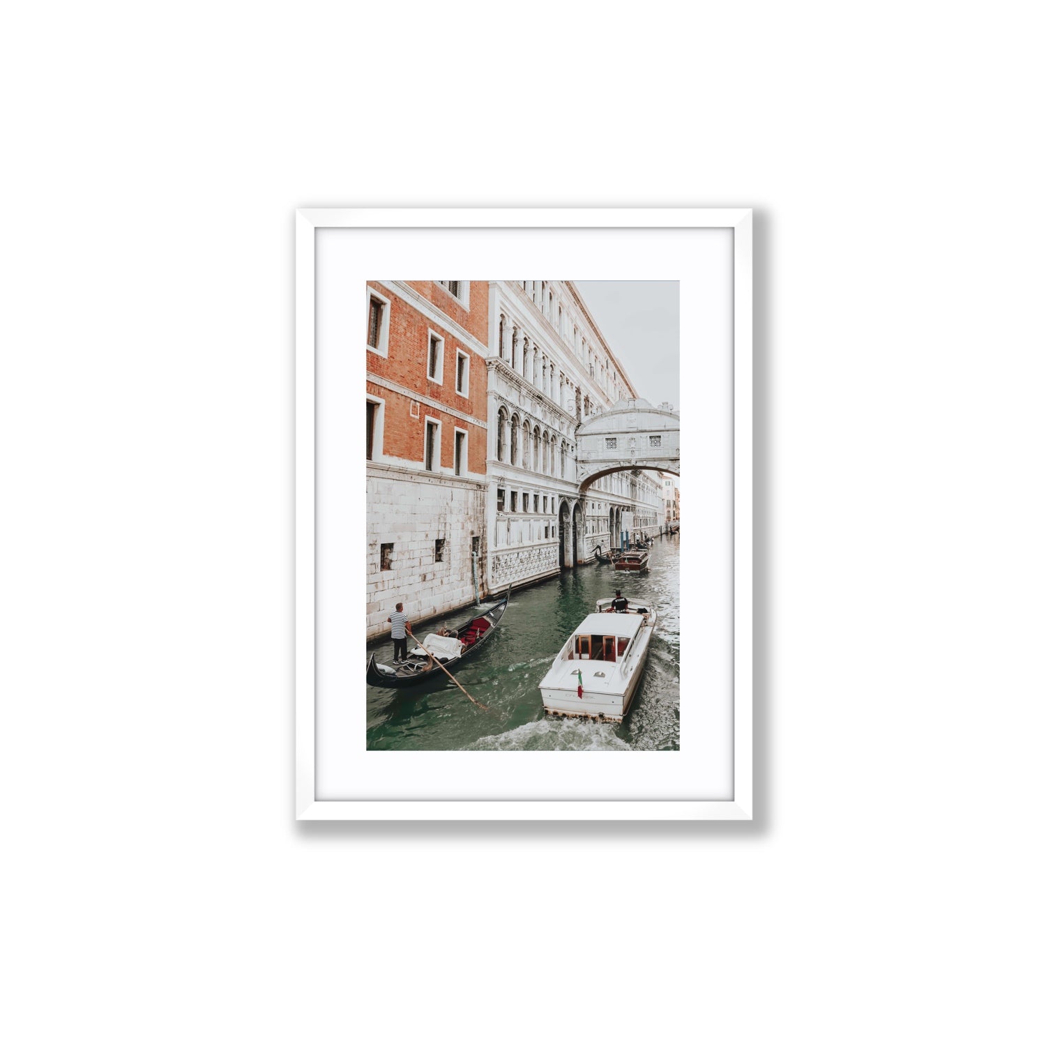 Under the Bridge Venice Gondola Italian wall art Medium fine art print in white frame with matboard