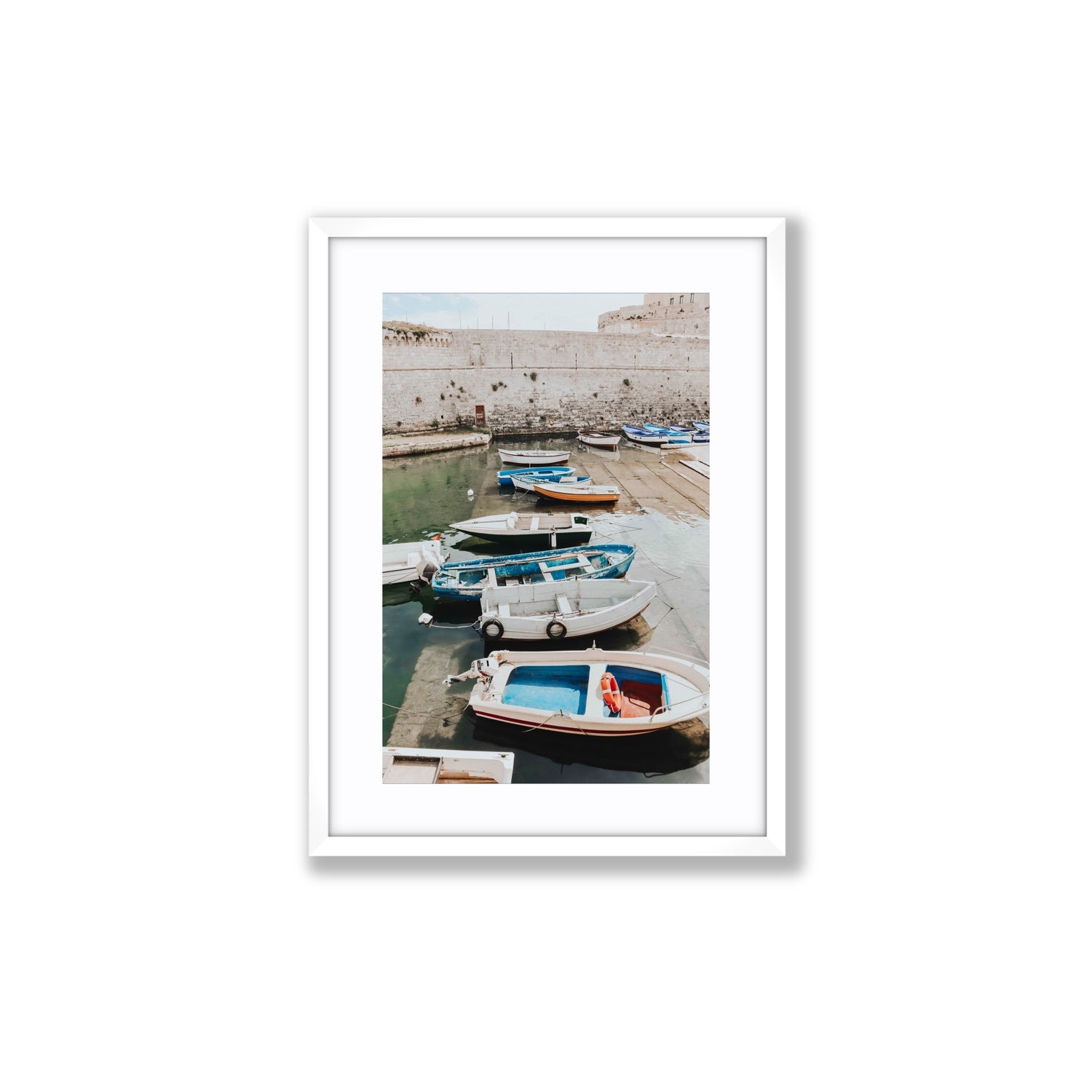Harbour Palette Puglia coastal photography wall art Medium fine art print in white frame with matboard