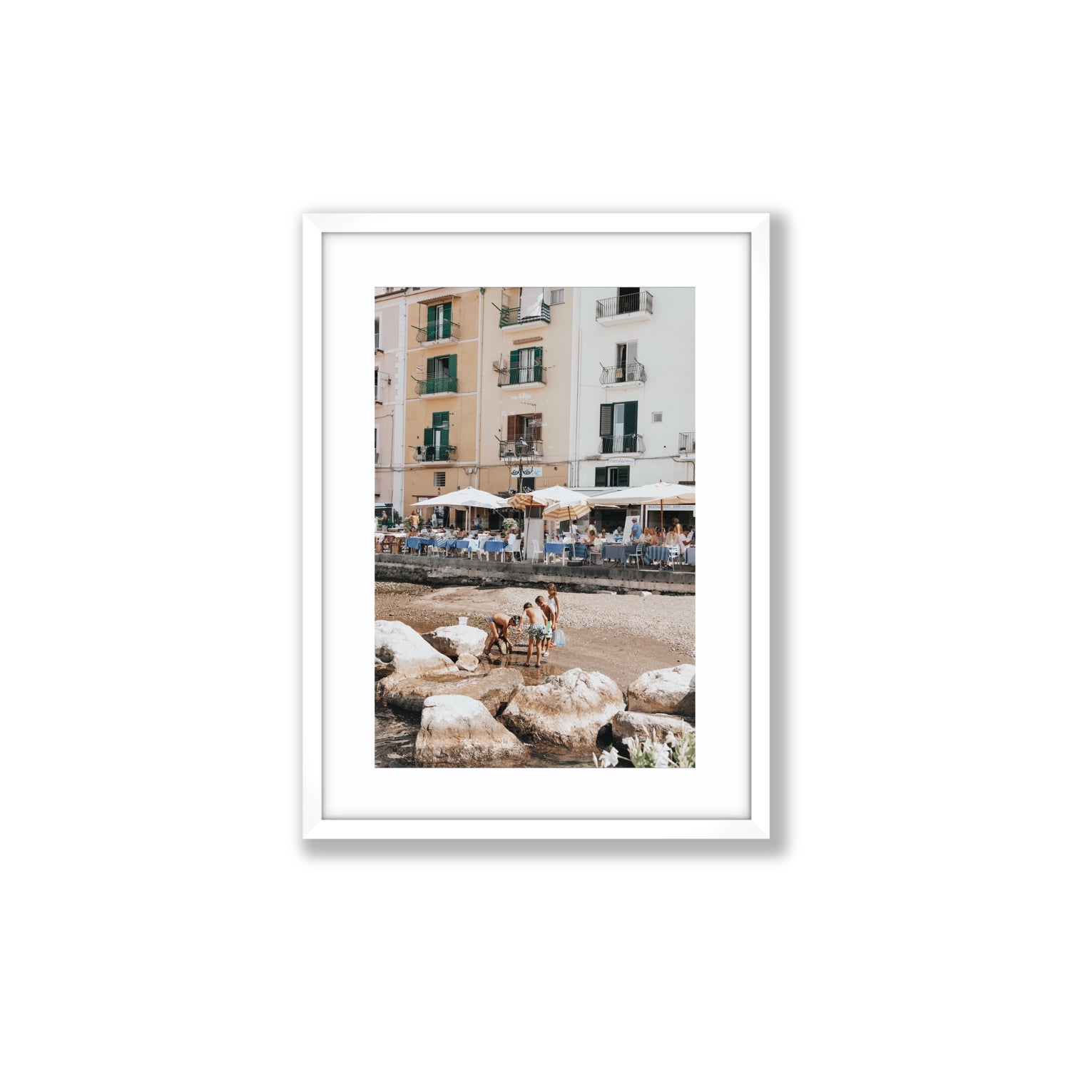 Sunny Playtime Sorrento coastal wall art Medium fine art print in white frame with matboard