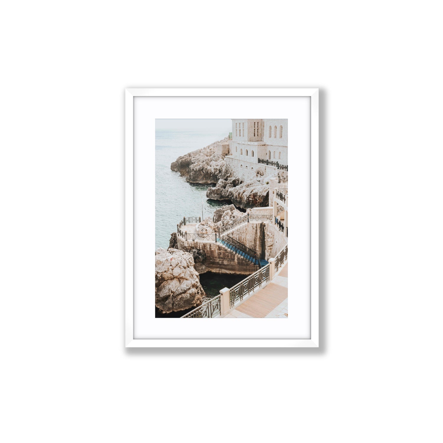 Wellness Centre Puglia coastal wall art Medium fine art print in white frame with matboard
