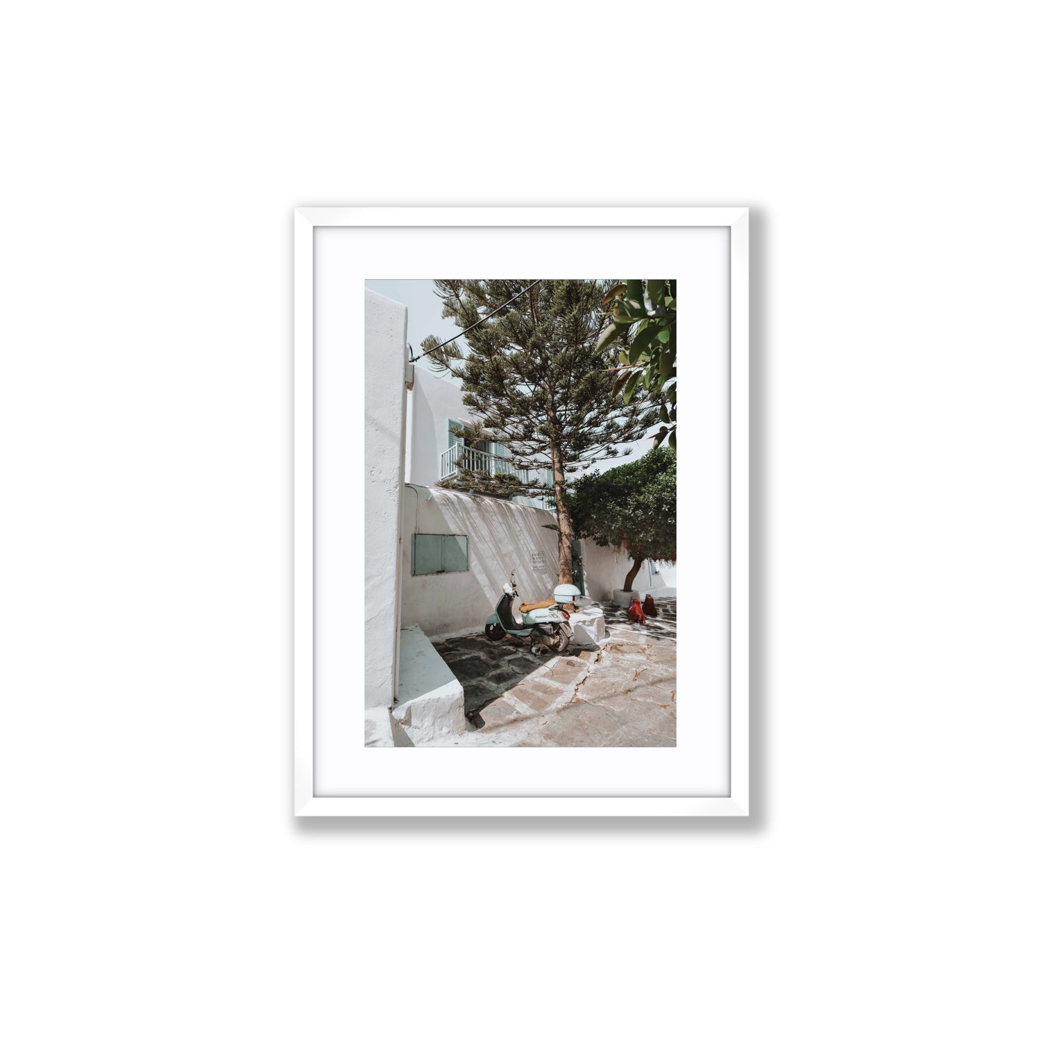 The Getaway Mykonos Mediterranean Greek island art print Medium fine art print in white frame with matboard