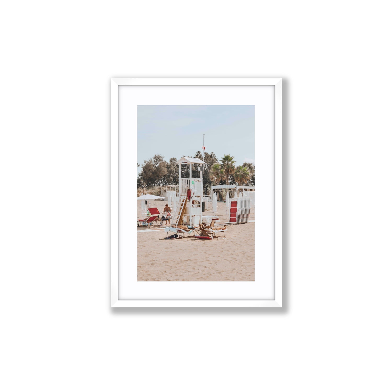 Red Lounge Reverie Puglia beach coastal wall art Medium fine art print in white frame with matboard