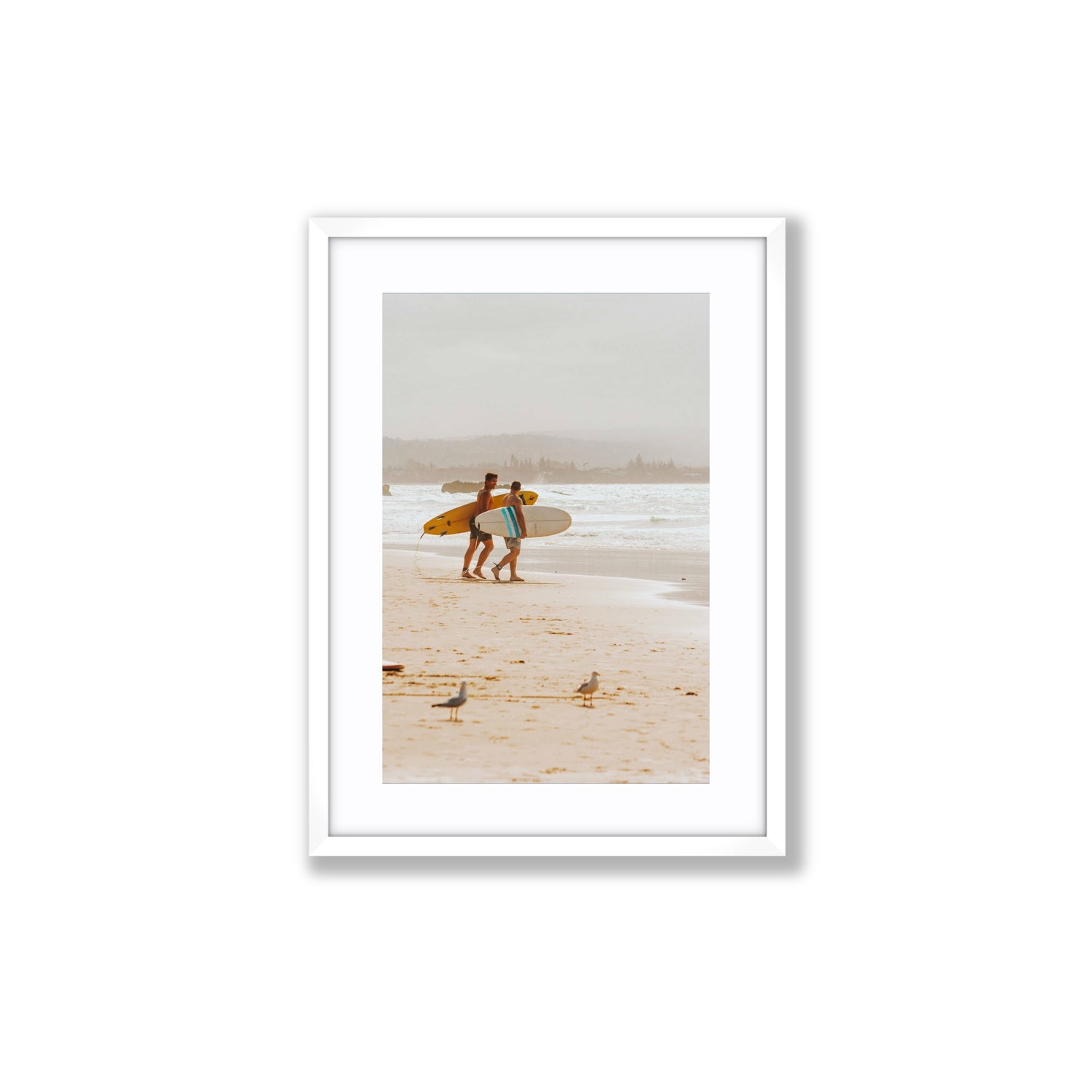Shane & Benji Byron Bay Surf coastal wall art Medium fine art print in white frame with matboard