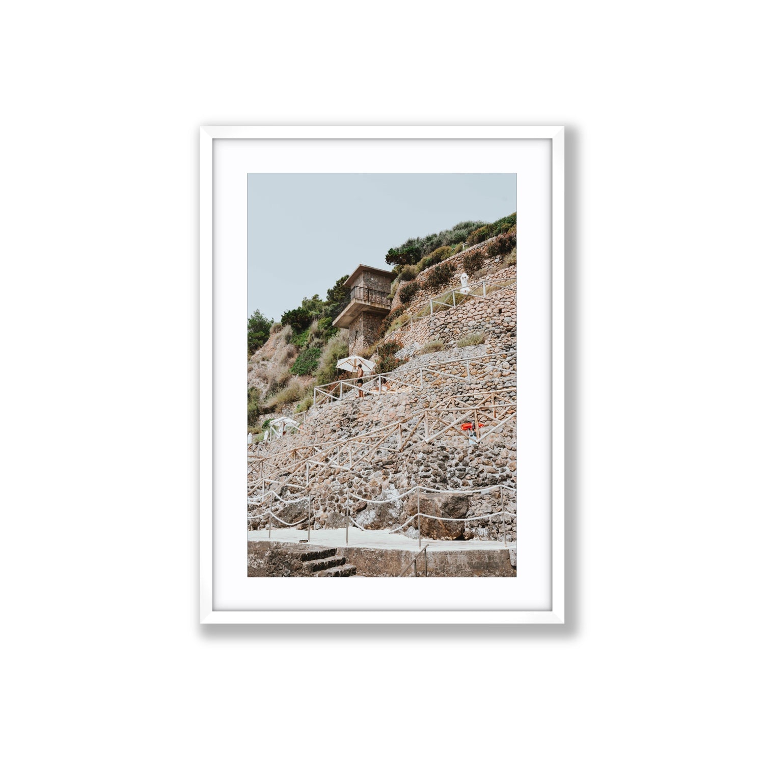 Solitude by the Sea Tuscany coastal Italian wall art Large fine art print in white frame with matboard