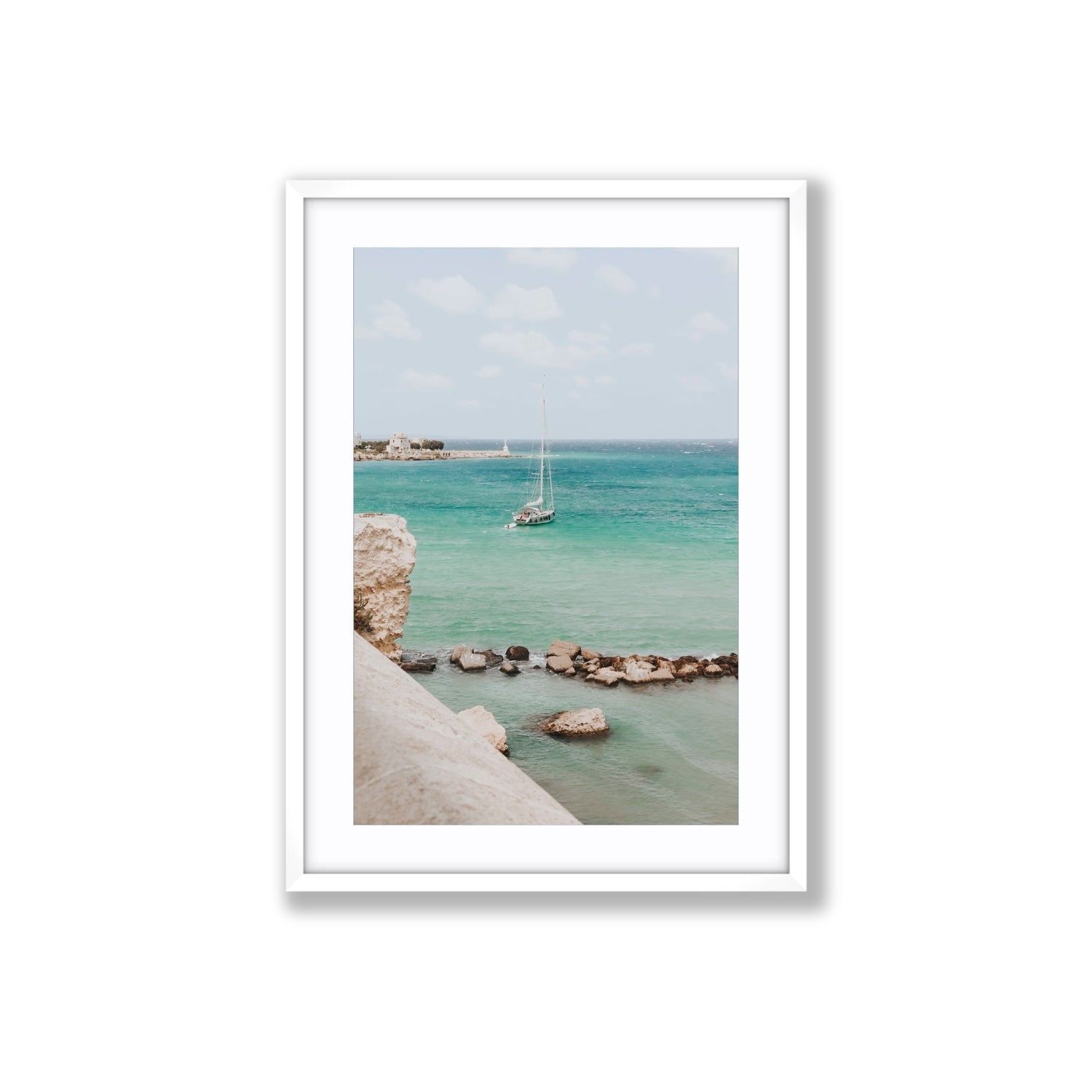 Seafarer's Dream Puglia Seafarer’s Dream coastal wall art Large fine art print in white frame with matboard