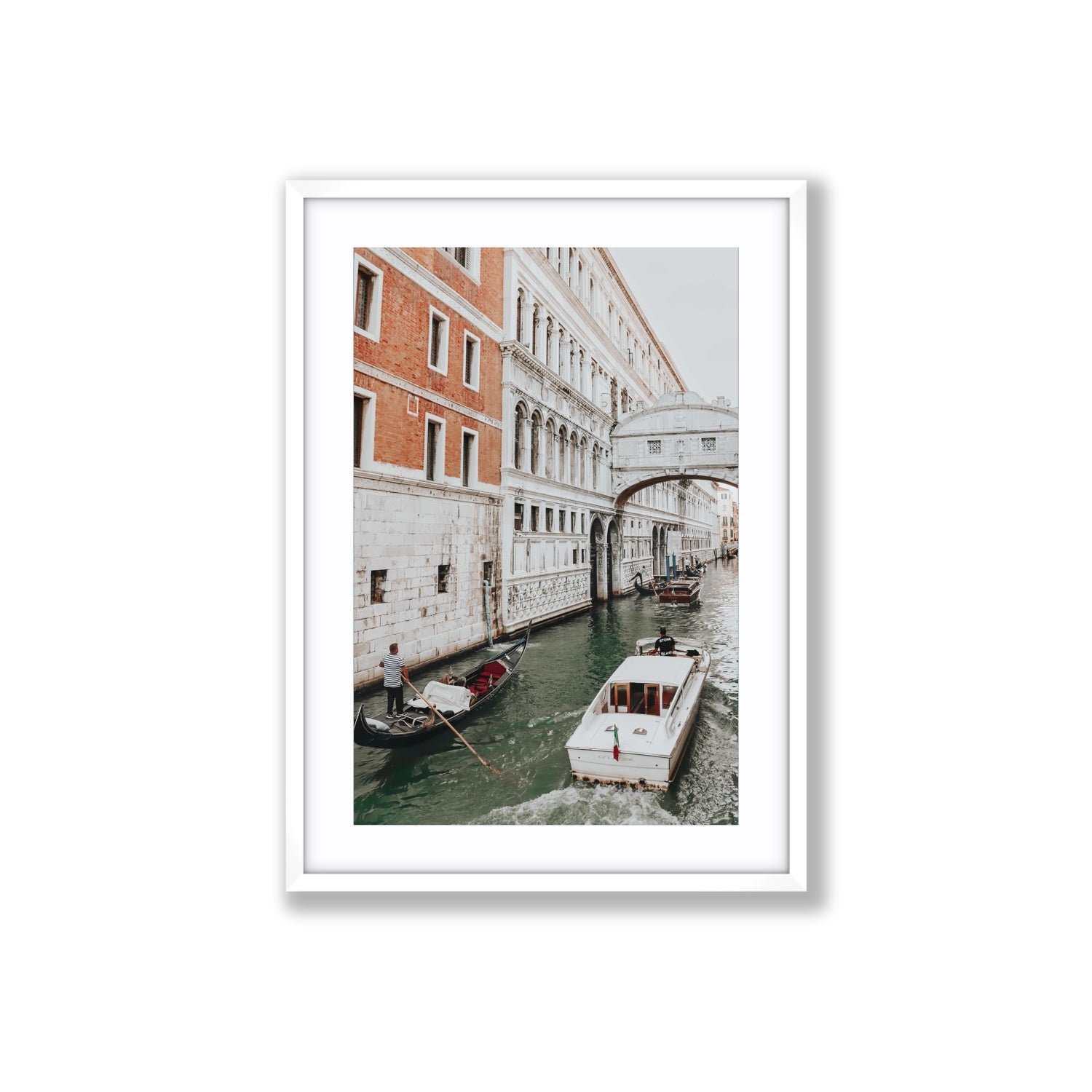 Under the Bridge Venice Gondola Italian wall art Large fine art print in white frame with matboard