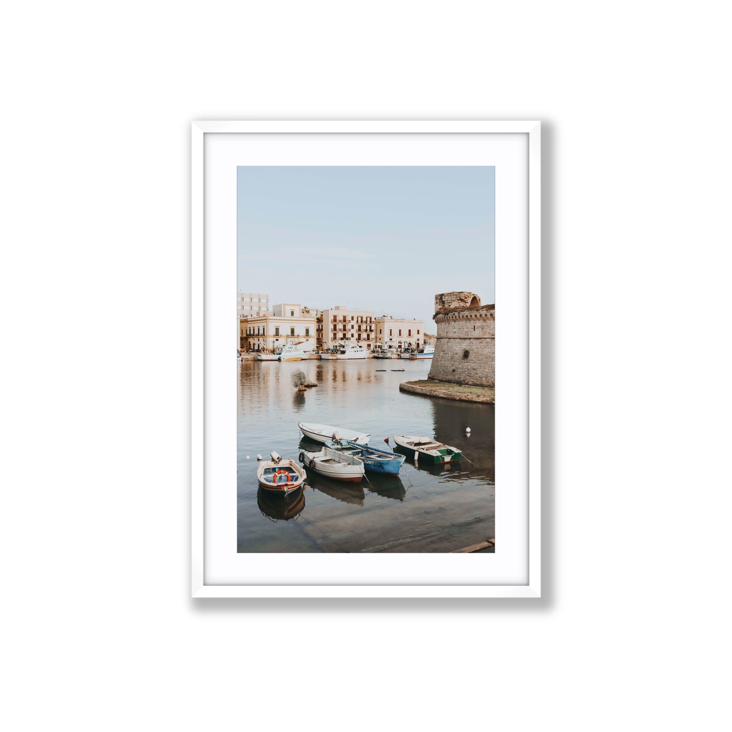 Gallipoli Harbour Puglia coastal wall art Large fine art print in white frame with matboard