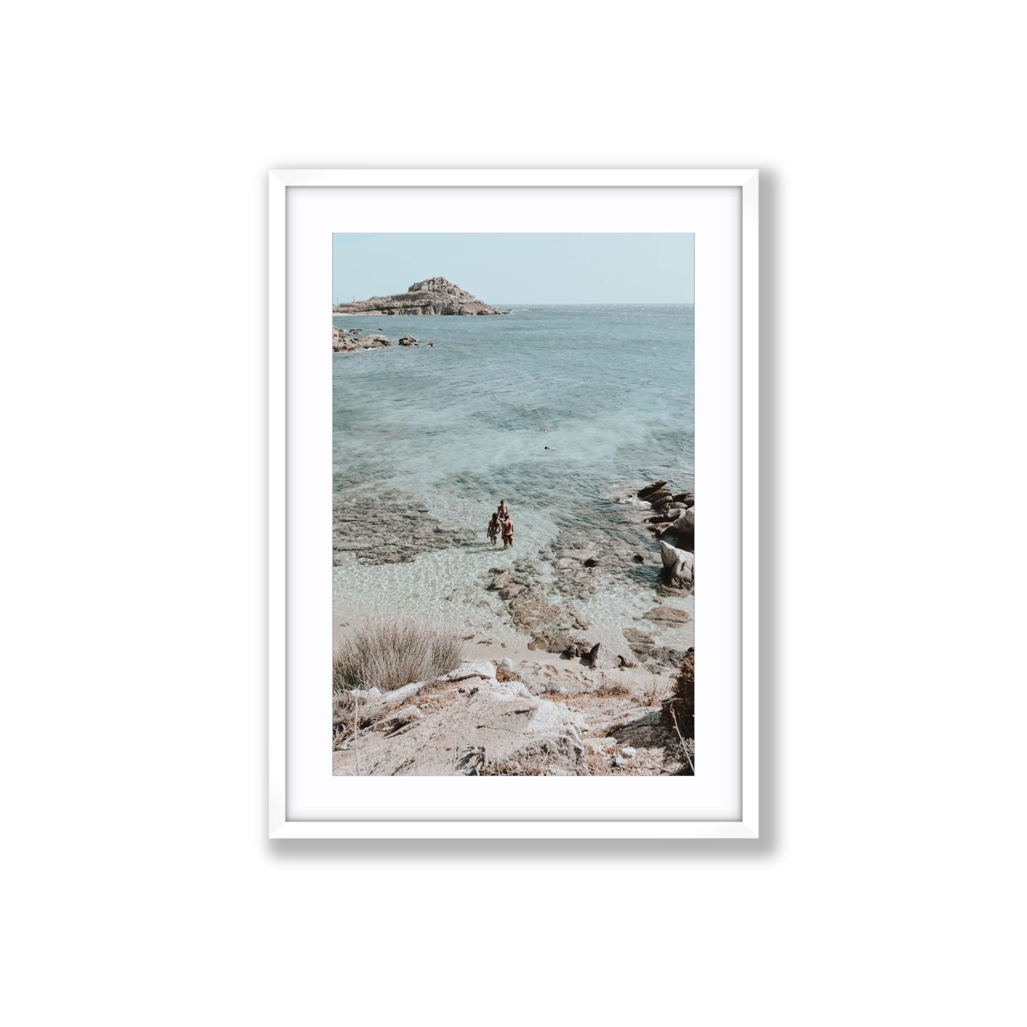 Island Life Mykonos coastal Greek island wall art Large fine art print in white frame with matboard