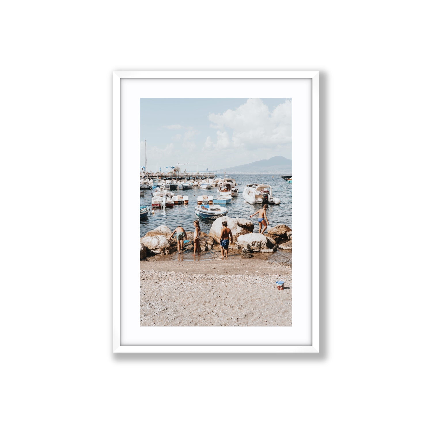 Searching For Treasures Sorrento coastal wall art Large fine art print in white frame with matboard