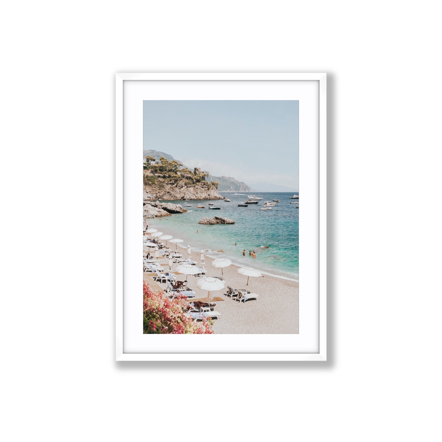 Seaview Refuge Amalfi coastal wall art large fine art print in white frame with matboard