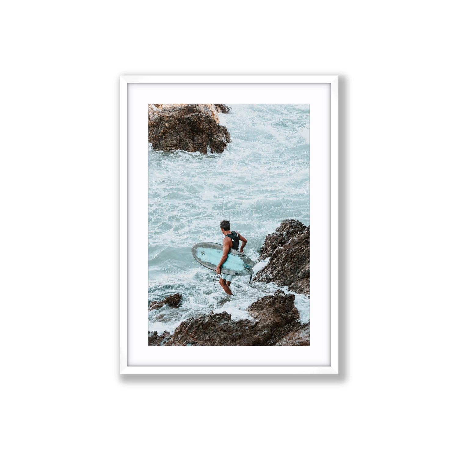 Into The Soup Byron Bay Surf coastal wall art Large fine art print in white frame with matboard