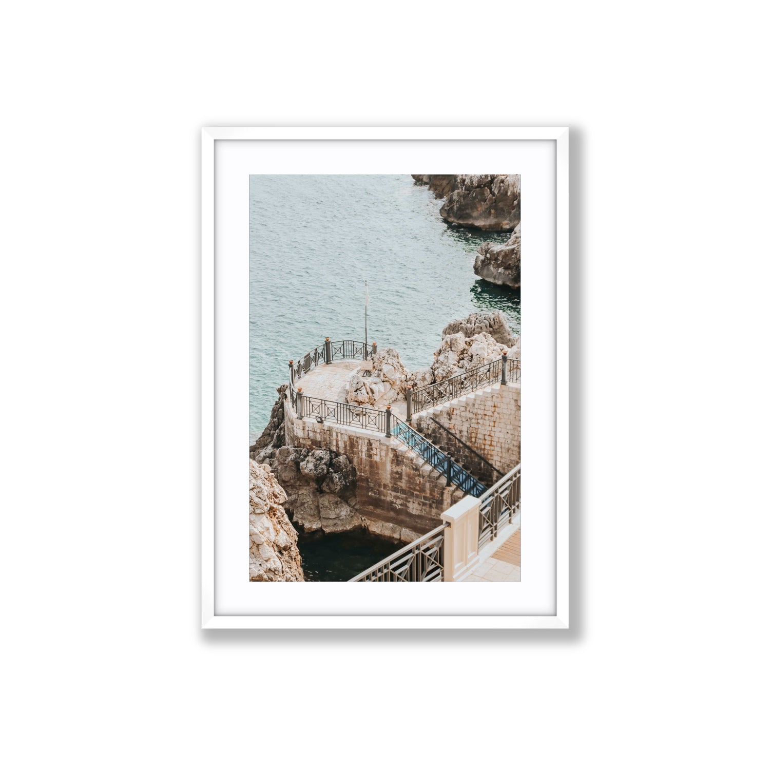 Tidal Staircase Puglia coastal Italian wall art Large fine art print in white frame with matboard
