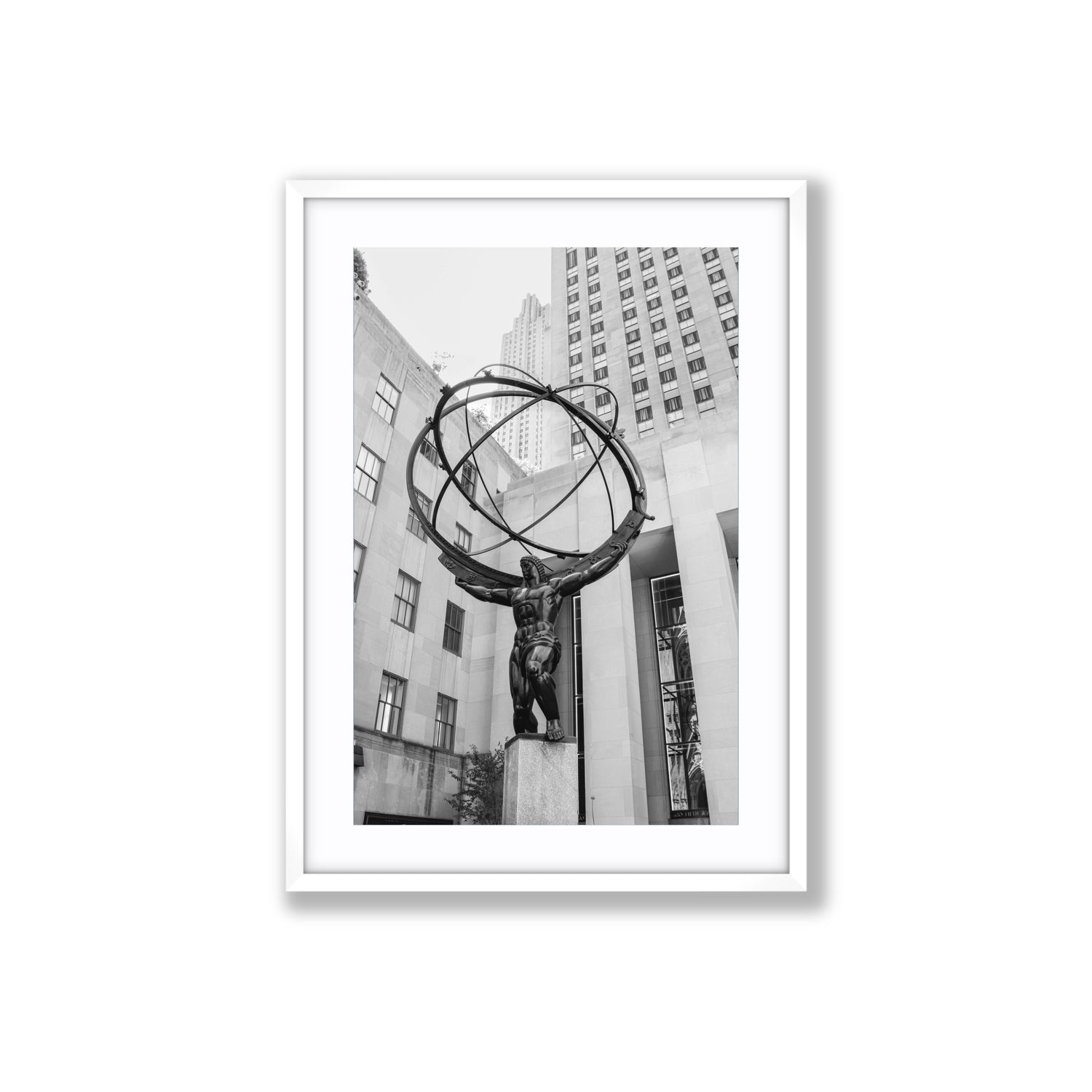 Atlas Ascends New York NYC Black & White wall art Large fine art print in white frame with matboard