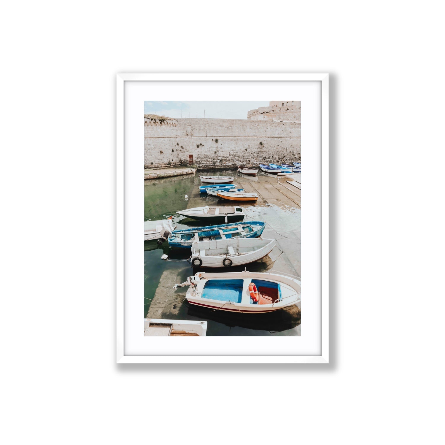 Harbour Palette Puglia coastal photography wall art Large fine art print in white frame with matboard