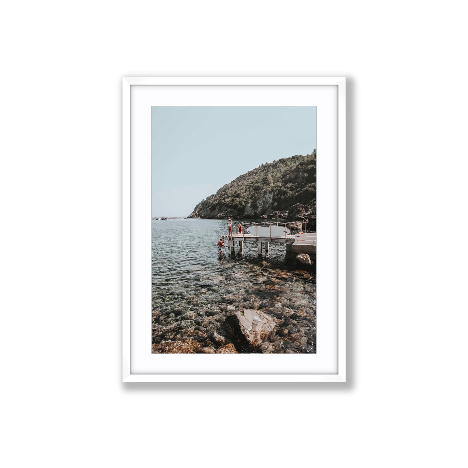 Tidal Explorers Tuscany coastal Italian wall art Large fine art print in white frame with matboard
